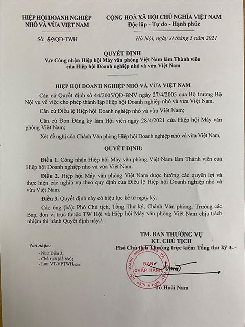 Hiệp Hội máy văn phòng Việt Nam gia nhập hội doanh nghiệp vừa và nhỏ
