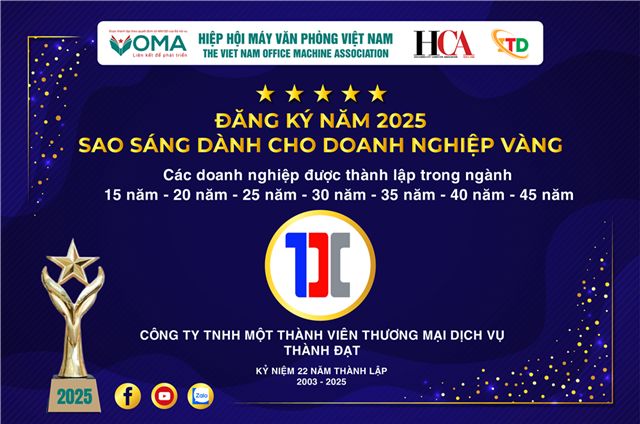 DOANH NGHIỆP SAO SÁNG 2025 - CÔNG TY TNHH MỘT THÀNH VIÊN THƯƠNG MẠI DỊCH VỤ THÀNH ĐẠT (HẠNG MỤC DOANH NGHIỆP ĐƯỢC THÀNH LẬP CÓ THỜI GIAN 15 NĂM – 20 NĂM – 25 NĂM – 30 NĂM – 35 NĂM – 40 NĂM – 45 NĂM)